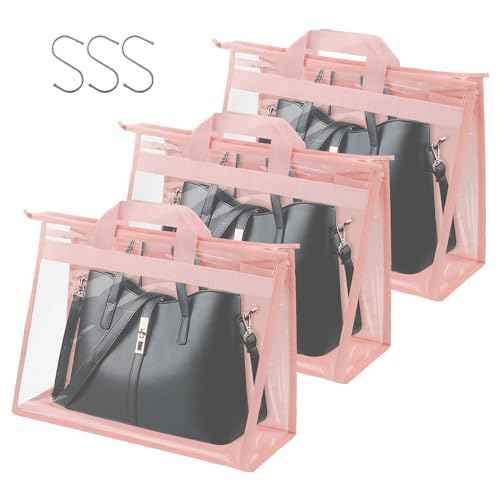 Vercord Clear PVC Handbag Dust-Free Cover Moistureproof Purse Storage Bag Organizer with Handle Zipper Space-Save Holder for Closet Pink XL 3Pcs