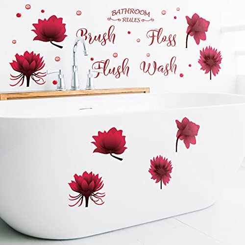 Set of Bathroom Wall Decals Stickers Wash Brush Flush Floss Bathroom Rules Wall Decor Sticker Waterproof Flower Sign Decals for Kitchen Home DIY Decorations