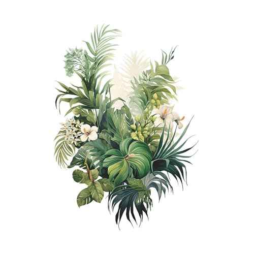 Botanical Wall Decals with Palm Leaves Lush Green Foliage White Flowers Removable Peel and Stick Wall Art 22.4x15.7 inches for Living Room Nursery Home Decor