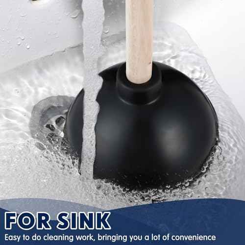 Dandat 6 Pcs Rubber Toilet Plunger with Double Thrust Force Suction Cup Long Wooden Handle Toilet Bowl Plunger Heavy Duty Pump Clogged Solution for Bathroom Stores Restaurants, Black