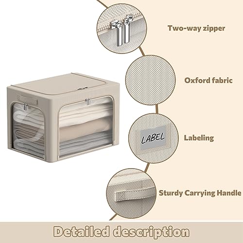 3Pack Clothes Storage Bins - Oxford Frame Storage Box Foldable Stackable Storage Organizer with 3 Openings Design, Metal Frame, Clear Window, Carry Handles (36L-15.7 * 11.8 * 11.8in, Beige)