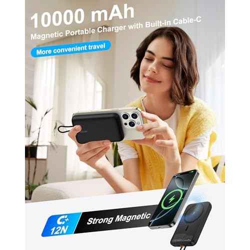 AsperX Magnetic Power Bank, 10,000mAh Magnetic Battery Pack Built-in USB-C PD 22.5W Fast Charging, LCD Display, Wireless Portable Charger Compatible for iPhone 17/16/15/14/13/12 Series, Black