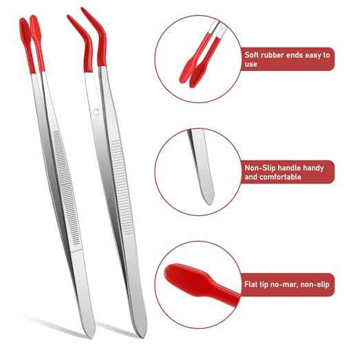 Rubber Tipped Tweezers, 2 Pcs PVC Coated Precision Tweezers Hobby Craft Tweezers Set, Long Bent and Straight Flat Tip Tweezers for Crafts Stamps Coin Beads Jewelry Industrial Electronic Lab (Red)
