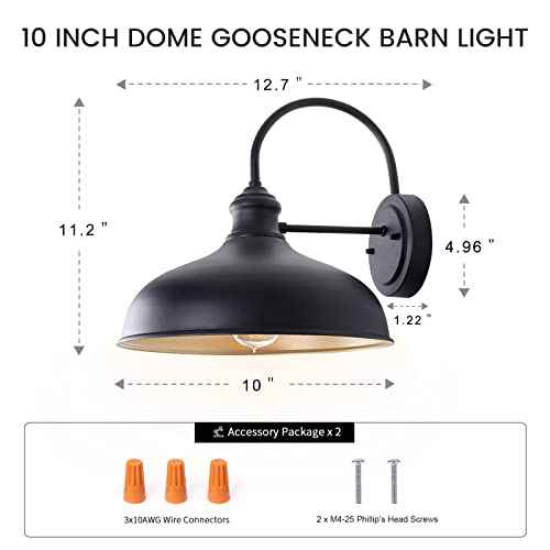 10" Dome Barn Lights for Farmhouse, Matte Black Gooseneck Outdoor Light Fixture, Exterior Porch Lighting with Wall Mount, Outside Goose Neck Wall Sconce for Patio