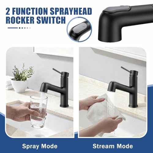 HURRAN Pull-Out Bathroom Faucet, Single Lever Basin Mixer with 2 Water Flow Modes, Short Design, Stainless Steel, Matte Black