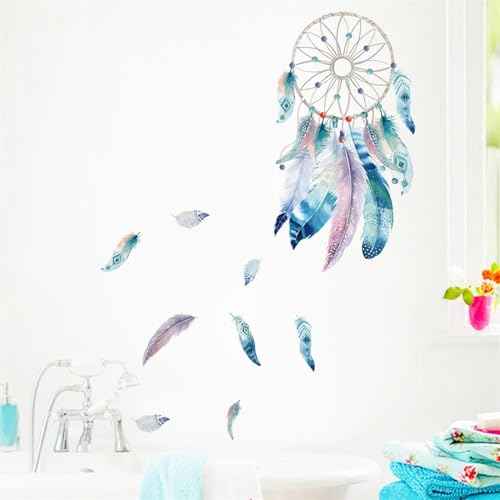 Blue-Green Dream Catcher Feathers Wall Stickers, sacinora Plume Wall Decals Removable Vinyl Peel and Stick for Living Room Bedroom Nursery Art Decorations