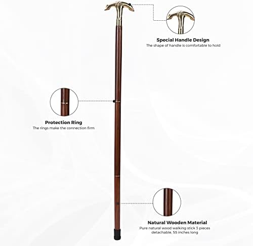 Ajuny Wooden Walking Stick for Men Women Seniors Lightweight Detachable Handmade Cane with Decorative Brass Handle Unique Gift for Adults