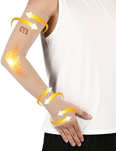 MGANG Lymphedema Compression Arm Sleeve with Gauntlet for Women Men, Opaque, 20-30 mmHg Medical Graduated Compression Full Arm Support, Thumb Lymph Edema Arm Sleeve, Pain Relief, Arthritis, Beige S