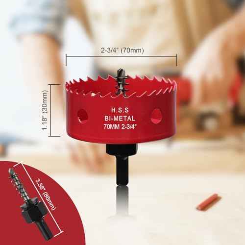 Hole Saw 2-3/4 Inch, HSS Bi-Metal Hole Cutter with 70 mm Cutting Depth for Cutting Wood, Plastic, Drywall, Plasterboard, Recessed Lighting and Soft Metal Sheet, Red