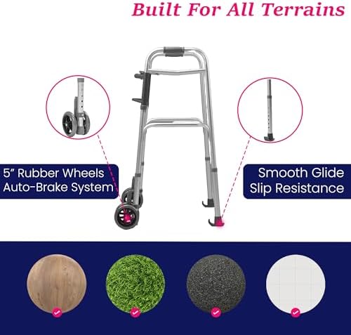Dr. Aid Premium Folding Walker with Wheels, 5" Auto Brake Double Front Wheel Walker, Lightweight Walkers for Seniors, Durable Aluminum Frame, Adjustable Height, Supports Up to 400lbs, Aluminum Gray