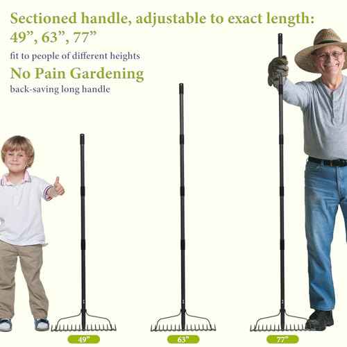 Adjustable Bow Rake Heavy Duty, Dual-Sided Steel Garden Rake Tool for Gathering Leaves, Pine Straw, Thatching, Breaking Up Soil, Leveling Gravel