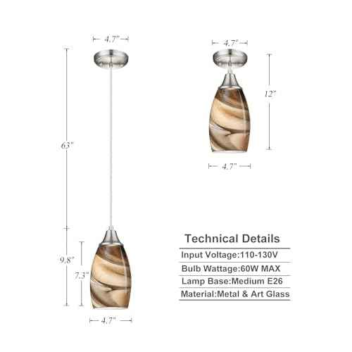 Mini Pendant Lights Kitchen Island Light Brown Glass Lamp Shade Hand Blown Glass Pendant Light with Brush Nickel Finish Adjustable Cord for Kitchen Over Sink, Dining Room (Light Brown-1P)