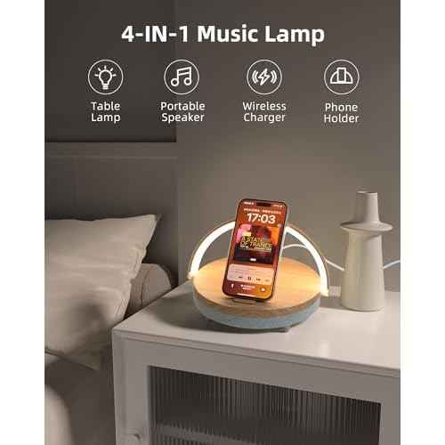 EZVALO Birthday Gifts for Women, Music Table Lamp with Wireless Charger, 4 in 1 Touch Bedside Lamp, Bluetooth Speaker, Phone Holder, Dimmable LED Night Lights Birthday Gifts for Women, Men, Dad, Mom