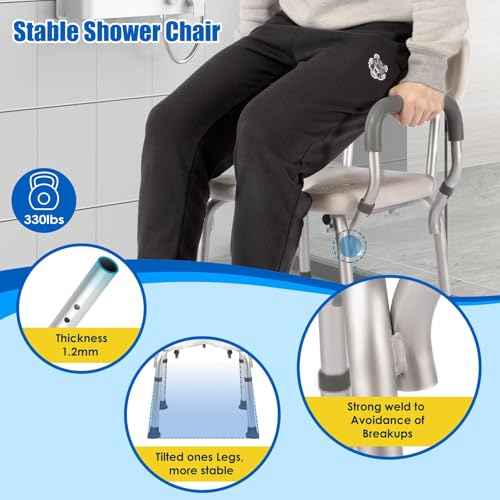 Shower Chair with Arms and Back Heavy Duty 330lbs, Shower Seat for Inside Shower with Shower Head Holder, Shower Bathroom Chair with Cutout Seat & Cold-Proof Pads, Tools-Free Assembly