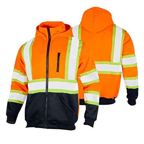 FONIRRA Hi Vis Safety Fleece Zip Hoodie for Men Reflective Sweatshirts ANSI Class 3 Jackets Detachable Hood (Orange,3XL)
