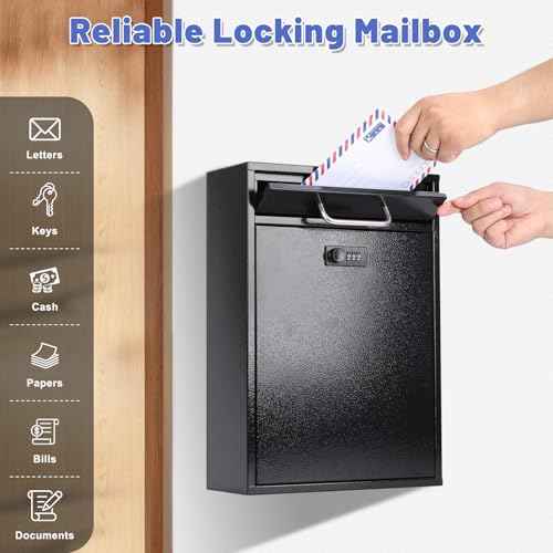 KYODOLED Steel Combination Lock Mail Boxes Outdoor, Locking Wall Mount Mailbox, Security Lock Drop Box, Collection Boxes, 16.2H x 11.2L x 4.6W Inches, Black X Large