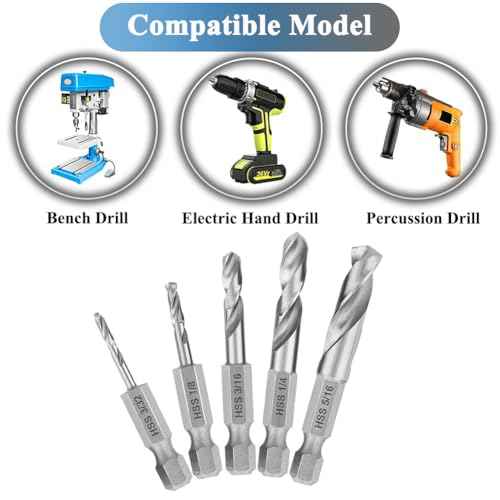 5Pcs 1/4'' Hex Shank Stubby Drill Bit Set for Metal, HSS M2 for Quick Change 3/32, 1/8, 3/16, 1/4, 5/16 Inch