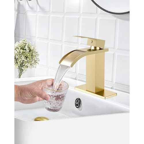 Waterfall Bathroom Faucets Single Hole Sink Faucet for 1 or 3 Hole Single Handle Vanity Basin with Deck Plate,with Pop-up Drain&Supply Lines,Brushed Gold