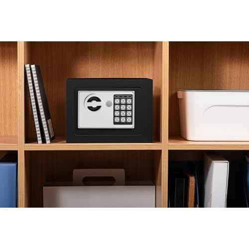 Small Electronic Safe Box With Digital Keypad & Keys - 9.05 x 6.7 x 6.7 Inches Wall Safe 0.23Cuft Mini Security Box for Coin Home Office Hotel Rooms Business Jewelry Gun (Black)