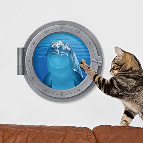 Woodland Arts 3D 11 x 11 inch Undersea Cute Dolphin Blue Deep Sea Porthole Submarine View Tropical Ocean Removable Vinyl Peel and Stick Decorative Wall Decals Stickers , 59