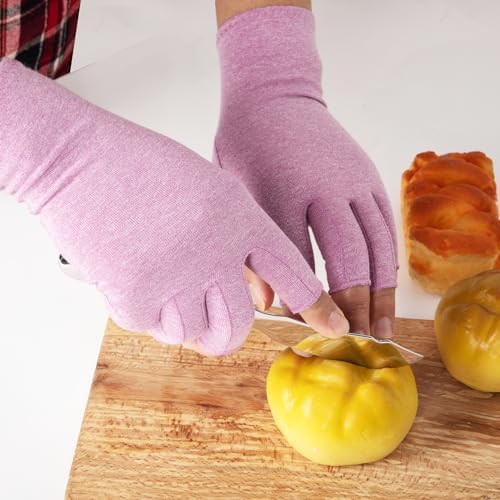 2 Pairs Arthritis Compression Gloves for Women Men, Fingerless Breathable & Moisture Wicking Compression Gloves for Relieving Carpal Tunnel Aches, Rheumatoid Pains, Joint Swell Purple XL