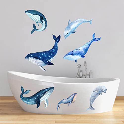 Giant 5 Sets Blue Whale Wall Decals and 2 Sets Jumping Blue Dolphin Wall Stickers Peel and Stick Wallpaper Wall Art Mural Decor for Kids Teens Bedroom Home Office Dorm Party Nursery