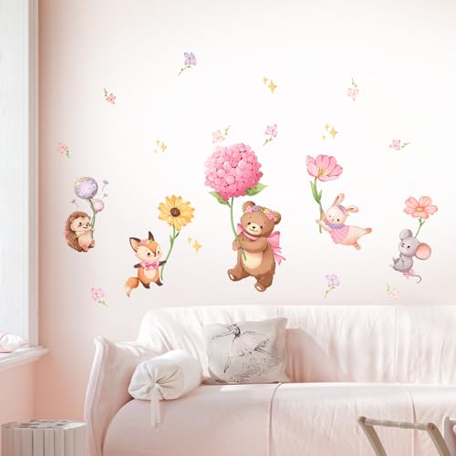 Pink Cartoon Animal Wall Decals, Bear Squirrel Rabbit Holding Flowers Flying Wall Stickers Peel and Stick Wall Decal Self Adhesive Wall Art Sticker for Girls Baby Nursery Kids Room Home Decor