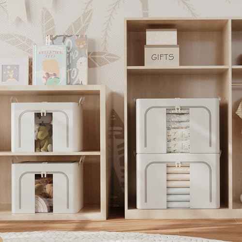 Pinkpum 3 Pack Clothes Storage Bins with Metal Frame, Closet Organizers and Storage Boxes, Stackable & Foldable Clothes Organizer Bags with Large Clear Window & Long Carry Handles, Beige 66L