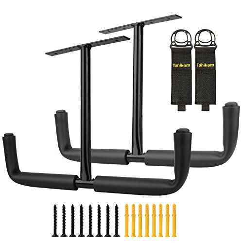2 Set Overhead Garage Storage Rack, Heavy Duty Overhead Storage Double Hook, Ceiling Mount Hanger Safe Racks Hooks, Hanging for Lumber Ladder Storage & Other Bulky Items (Pack of 2 - Black)