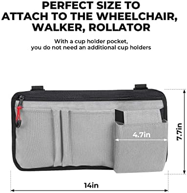 JOYTUTUS Walker Side Bag, Wheelchair Armrest Storage Pouch with Cup Holder, Wheelchair Accessories for Seniors, Walker Bag Cup Holder for Walker, Rollator, Electric Scooter or Wheelchair