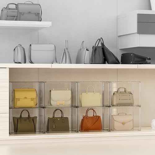 Purse Organizer for Closet, Clear Acrylic Display Case for Handbag Organizer, Stackable Purse Storage Box with Magnetic Door, Plastic Holder Containers for Book, Collectibles, Cosmetic 3 Pack