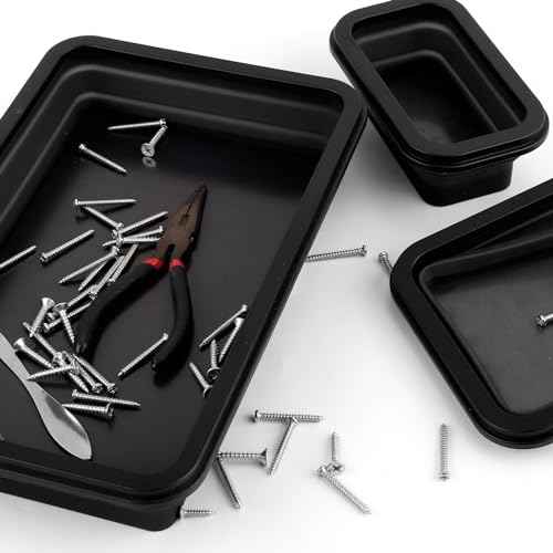 3pcs Magnetic Parts Tray, Magnetic Tray Insulating Silicone Magnetic Tool Tray for Mechanic's Folding Bowl & Magnetic Base for Nuts Washers Bolts Screws Pins (3 Sizes)