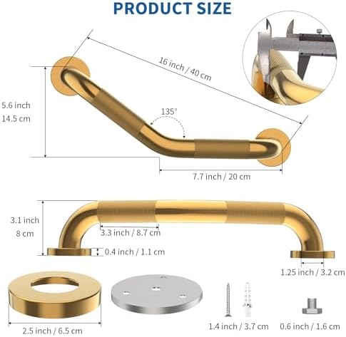 2 Pack 16 Inch Munzong Shower Grab Bars for Seniors, Gold Angled Anti Slip Grab Bars for Bathtubs and Showers Safety Hand Rail Support Handicap Elderly Injury Senior Assist Bath Handle