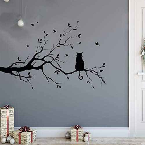 Lnrkai 14.2 x 22in Black Cat on Tree Branches Wall Decor Stickers Nursery Leaves, DIY Removable Wall Art Decal Mural Wallpaper Home Decoration for Living Room, Bedroom, Farmhouse, Bathroom Decor