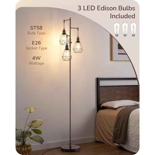 EDISHINE 70IN Industrial Floor Lamps for Living Room, Dimmable Farmhouse Corner Reading Lamp, Diamond-Shaped Lampshade, 3 LED Edison Bulbs Included, Rustic Tree Standing Lamp for Bedroom, Brown