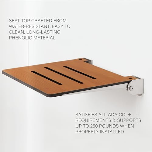 Seachrome 18 inch Silhouette Slimline Folding Wall Mount Shower Bench Seat, Teak Seat with Silver Frame