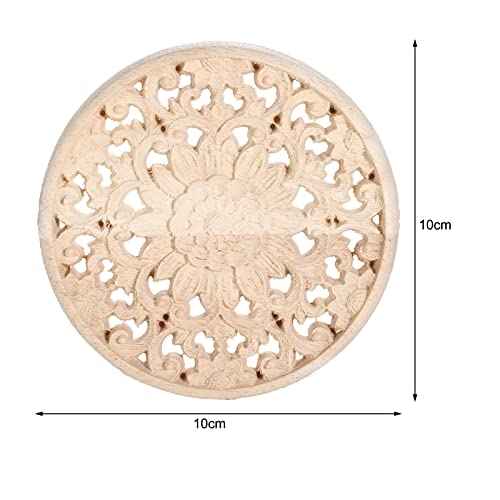 MUXSAM Round Wood Carved Onlays Appliques, Unpainted Clear Carved Wooden Carvings Center Decals for Closet Door Cabinet Drawer Wall Ceilling Dresser Wardrobe Furniture DIY Decor(2-Pack, 10cm/3.9")