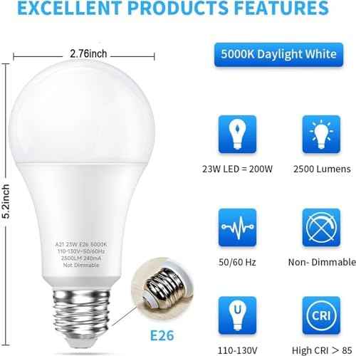 LEDERA 24 Packs 150W Equivalent LED Light Bulb, 23W Bright LED Bulb 2500 Lumens, A21 Daylight White 5000K Light Bulbs for Home Living Room, Kitchen, Office, Garage, Warehouse, Commercial Lighting