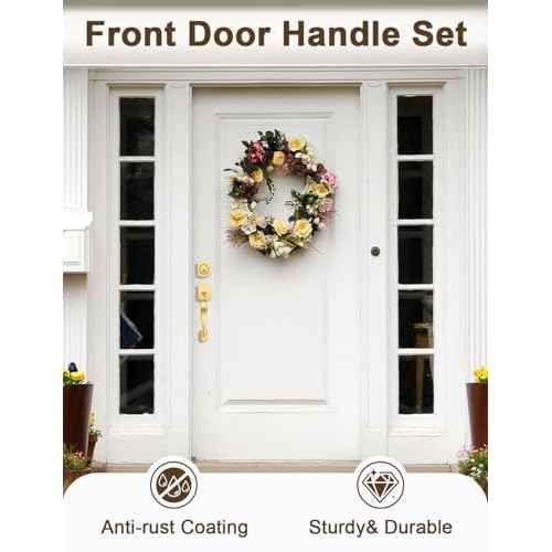 Camelot Brushed Gold Front Door Handle and Deadbolt Set, Front Door Lock Set, Satin Brass Finish, Upgated Entry Door Handle with Accent Wave Door Lever with Reversible Handle Lever, 1 Pack