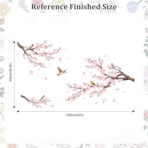 Pink Cherry Blossom Branch Wall Decals, Flowers Birds Wall Stickers Vinyl Peel and Stick Wall Decal Self Adhesive Wall Art Sticker for Aisle Bedroom Offices Sofa TV Backdrop Wall Home Decor