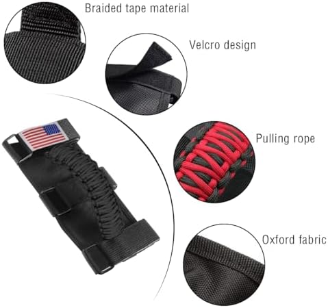 HZEL 2PCS Roll Bar Grab Handles, Oxford Cloth Upgrade Metal Buckle Paracord Grip Handles, Durable and Strong Car Accessories, Compatible with Wrangler JL, JLU, JT, JK, JKU, TJ, LJ and YJ (Black)