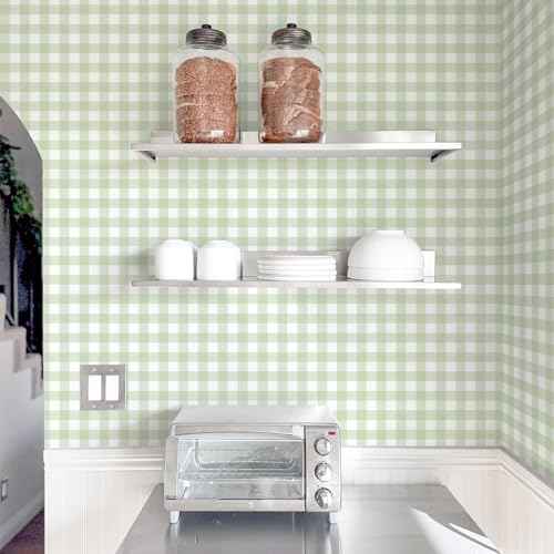 Cohoo Home Green Plaid Peel and Stick Wallpaper Boho Plaid Contact Paper for Cabinet Green Checkered Geinham Contact Paper Self Adhesive Removable Wallpaper Bathroom Nursery Waterproof 17.3inW 78.7inL
