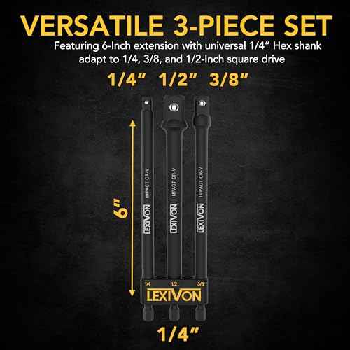 LEXIVON Impact Grade Socket Adapter Set, 6" Extension Bit With Holder | 3-Piece 1/4", 3/8", and 1/2" Drive, Adapt Your Power Drill To High Torque Impact Wrench (LX-102)