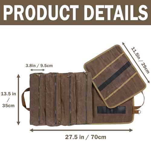 Multifunctional Tool Roll Bag | 16OZ Waxed Canvas Tool Carrier with 4 Pockets + 1 Detachable Roll - Portable Tool Organizer for Hammer Wrench Chisel | 27.5"x13.5" | Grey