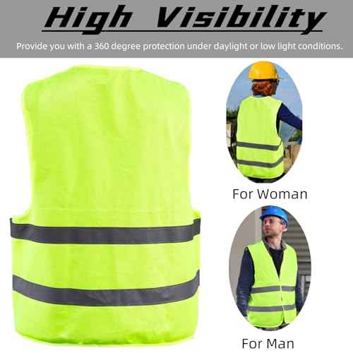 12 Pack High Visibility Safety Vests, Mesh Security Vest with 2 Reflective Silver Strips, Construction Work Vest Bulk for Men Women Traffic Emergency Work Running Cycling, Fluorescent Green