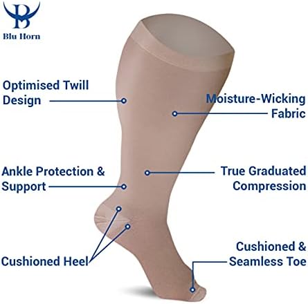 Knee High Compression Sock 20 To 30 mmHg for Women & Men For Wide Calf Travel, Nurse, Running, Cycling, Athletic & Maternity , 5X-Large Beige