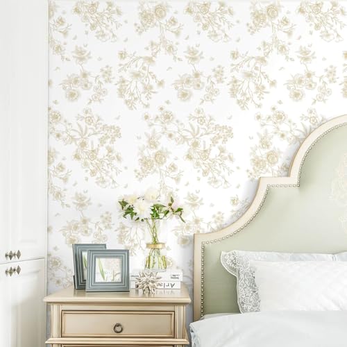 LiKiLiKi 17.3"x118" Peel and Stick Wallpaper Beige and Brown Flowers Leaves Butterfly Floral Wallpaper Self Adhesive Removable Waterproof Contact Paper for Bedroom Bathroom Cabinets Vinyl Roll