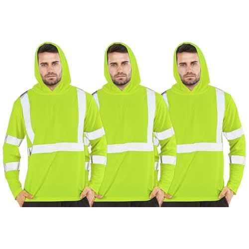 FATONE Hi Vis Shirts Long Sleeve for Work, Class 3 High Visibility Shirts for Men with Hood Reflective, Safety Shirt for Construction 3 PCS, Yellow M