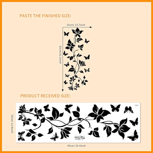 Black Vine Flower Butterfly Wall Stickers, sacinora Simplicity Floral Art Wall Decals Removable Vinyl Peel and Stick for Bathroom Living Room Bedroom Home Decorations