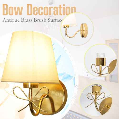 Antique Brass Wall Sconces Set of Two, Bow Sconces Decor Gold Wall Lights Brass Brushed Gold Sconce with Fabric Shade, E26 110V Hardwired Wall Lamps for Girl Bedroom, Living Room, Nursery Room